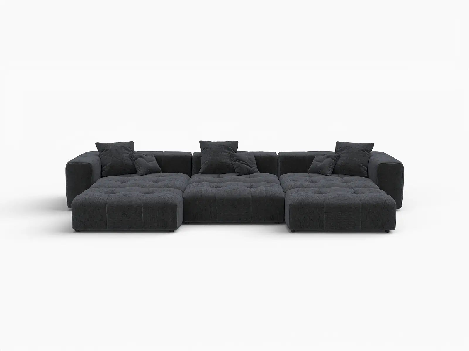 Sofá seccional Matrix de 3 plazas, negro, grande, con fosa | 6 piezas (incluye 3 otomanas), tela de lino