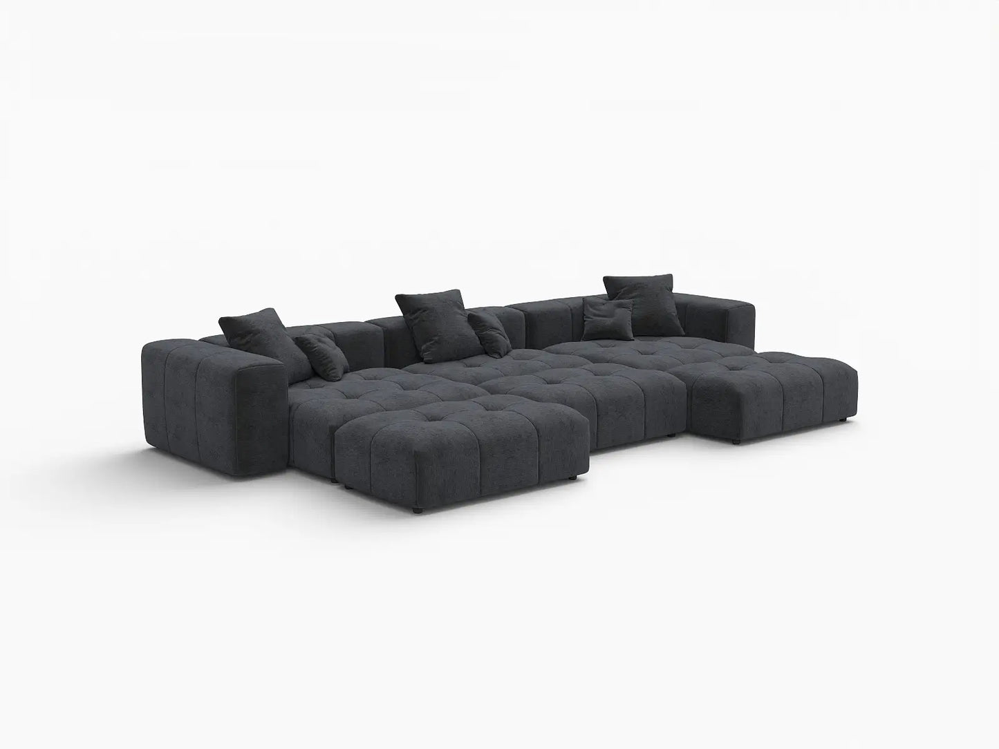Sofá seccional Matrix de 3 plazas, negro, grande, con fosa | 6 piezas (incluye 3 otomanas), tela de lino