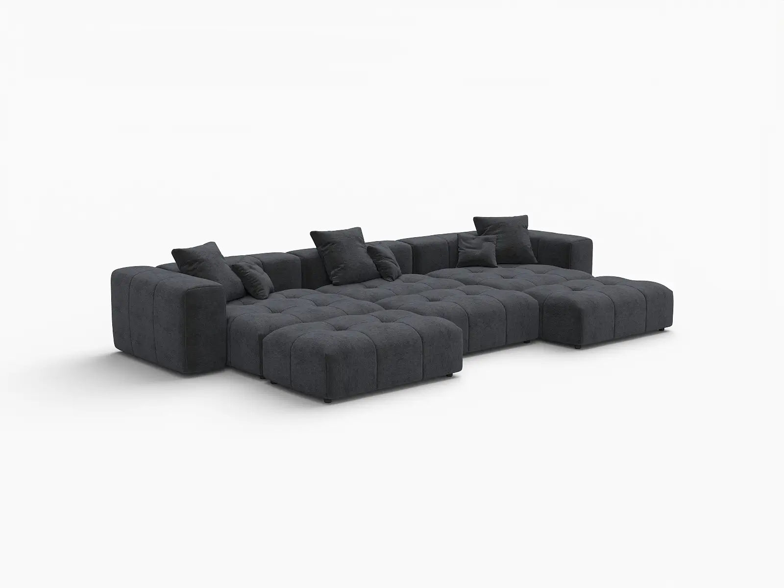 Sofá seccional Matrix de 3 plazas, negro, grande, con fosa | 6 piezas (incluye 3 otomanas), tela de lino