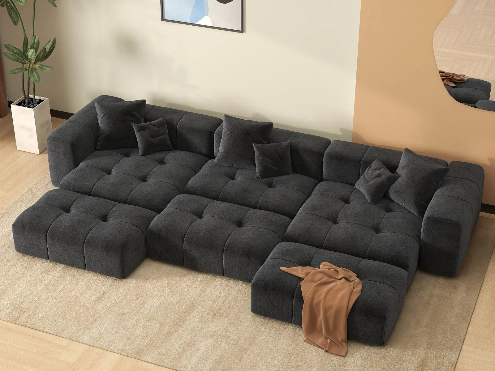 Sofá seccional Matrix de 3 plazas, negro, grande, con fosa | 6 piezas (incluye 3 otomanas), tela de lino