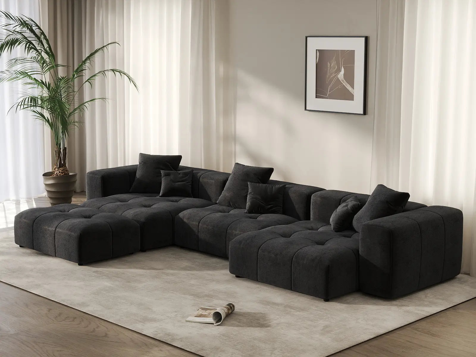 Matrix 3-Seater Black Linen L-Shaped Sectional | 4-Piece (Includes 1 Ottoman), Contemporary Style