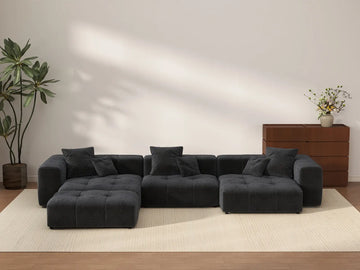Matrix 3-Seater Black Linen L-Shaped Sectional | 4-Piece (Includes 1 Ottoman), Contemporary Style