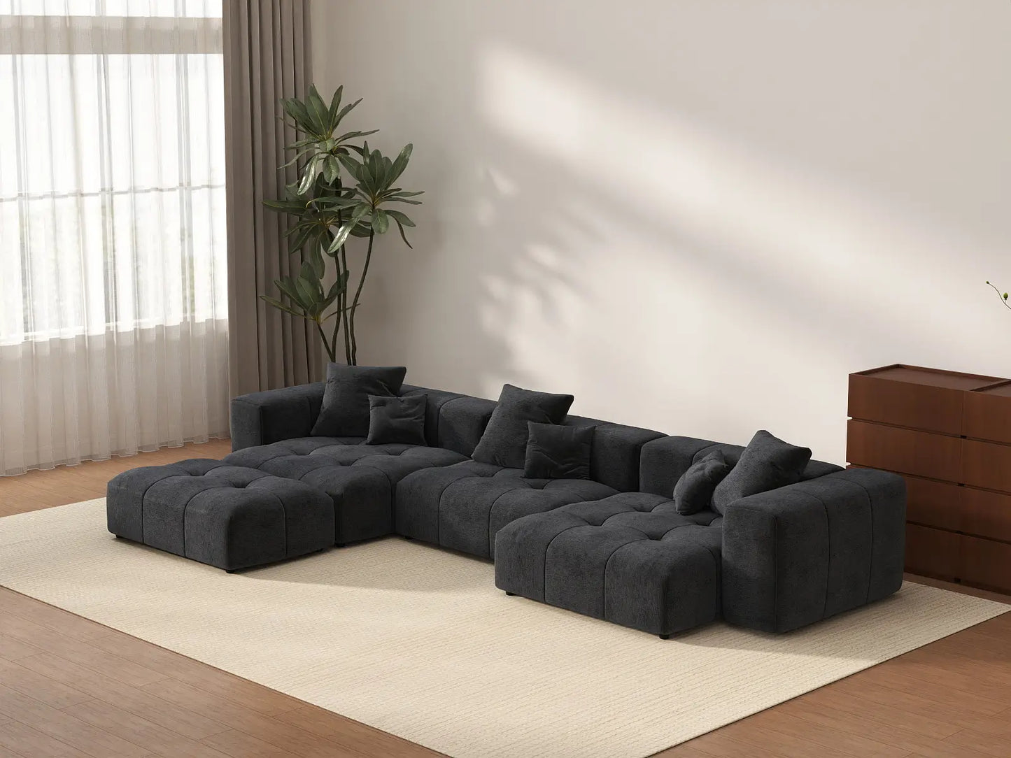 Matrix 3-Seater Black Linen L-Shaped Sectional | 4-Piece (Includes 1 Ottoman), Contemporary Style