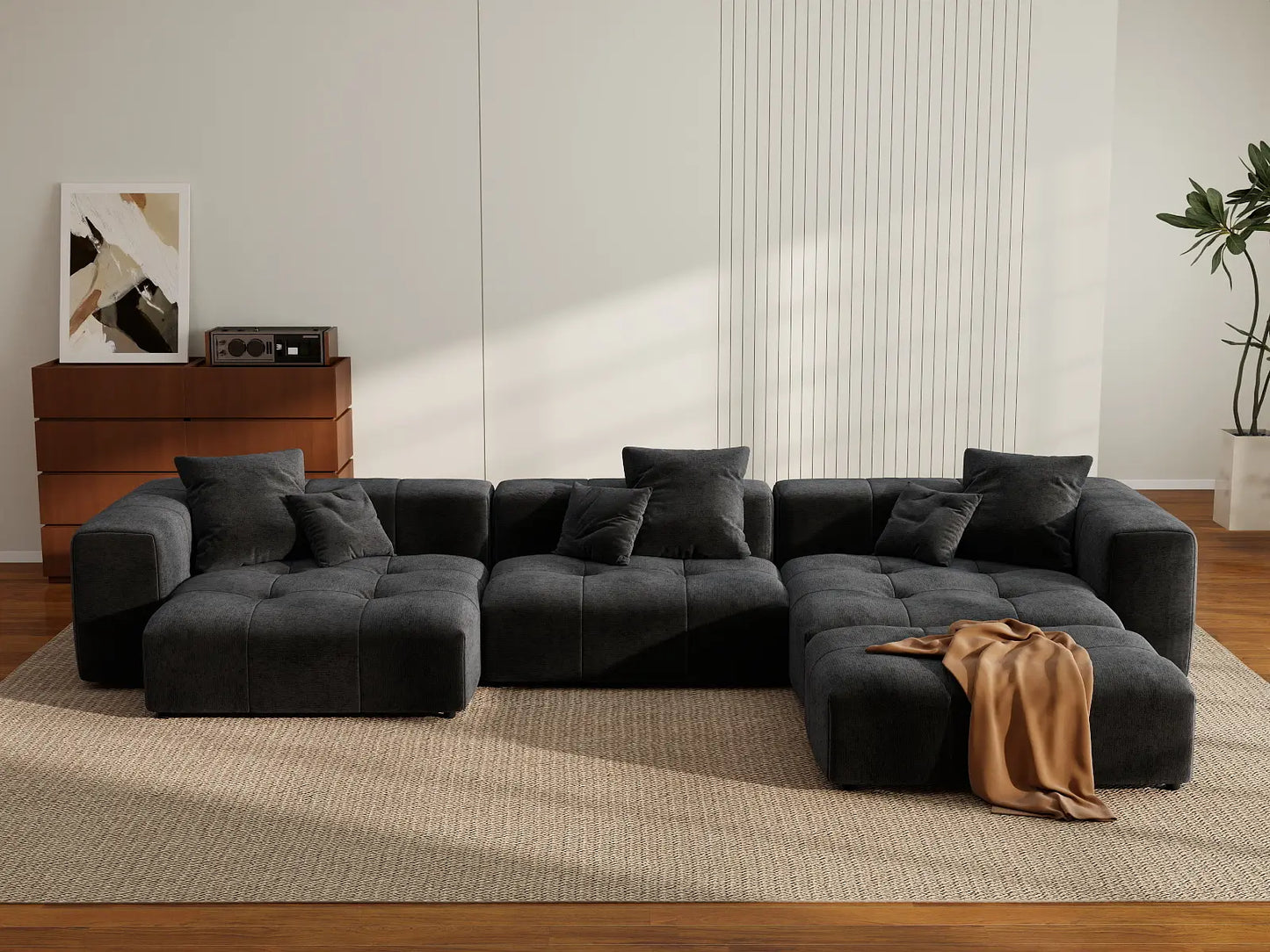 Matrix 3-Seater Black Linen L-Shaped Sectional | 4-Piece (Includes 1 Ottoman), Contemporary Style