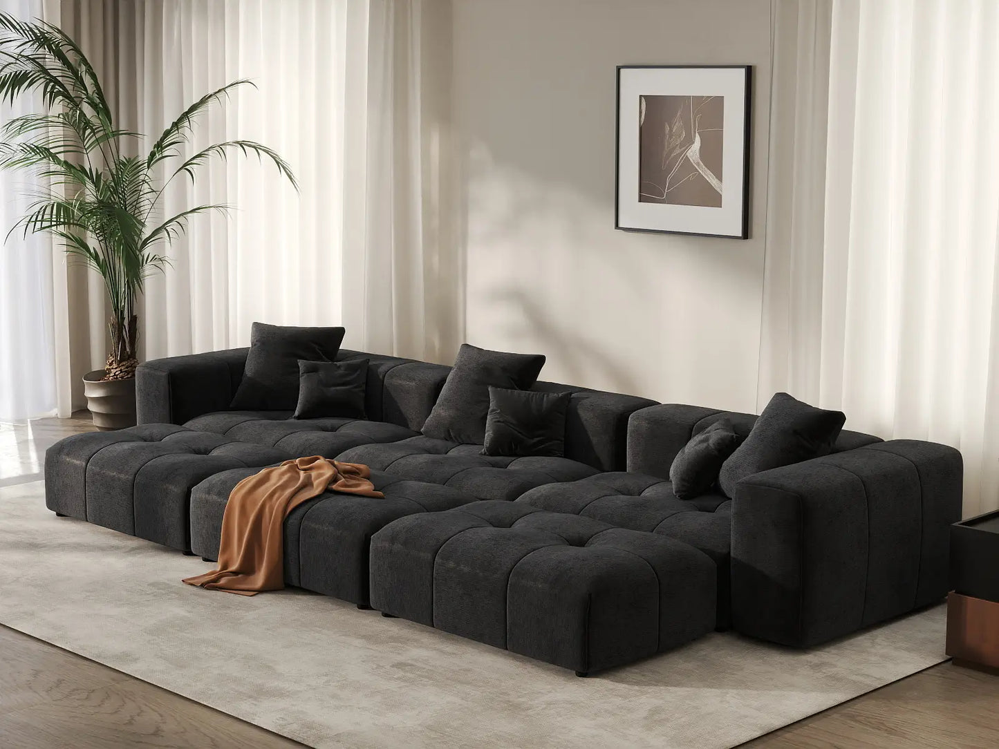 Seccional Matrix de 3 plazas, lino negro, tipo foso | 6 piezas (incluye 3 pufs), espacio grande