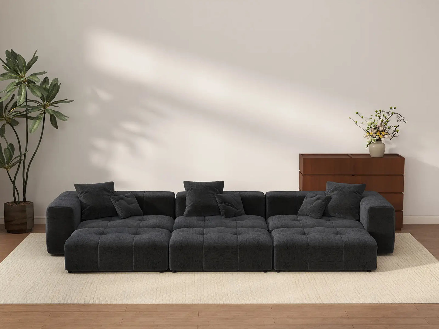 Seccional Matrix de 3 plazas, lino negro, tipo foso | 6 piezas (incluye 3 pufs), espacio grande