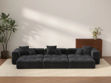 Matrix 3-Seater Black Linen Pit Sectional | 6-Piece (Includes 3 Ottomans), Large Space