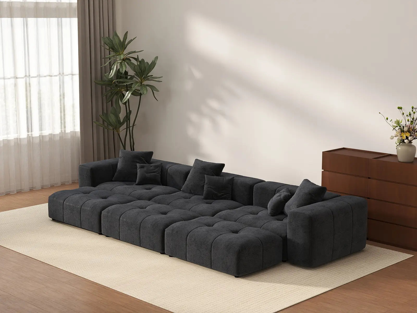Seccional Matrix de 3 plazas, lino negro, tipo foso | 6 piezas (incluye 3 pufs), espacio grande