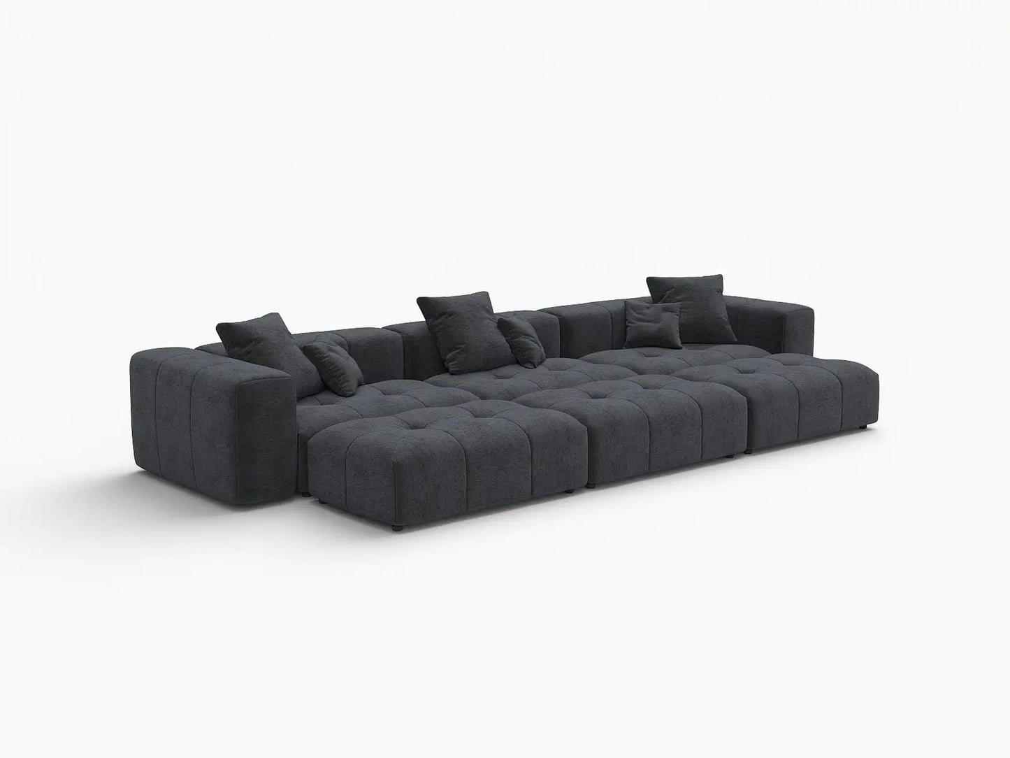 Seccional Matrix de 3 plazas, lino negro, tipo foso | 6 piezas (incluye 3 pufs), espacio grande