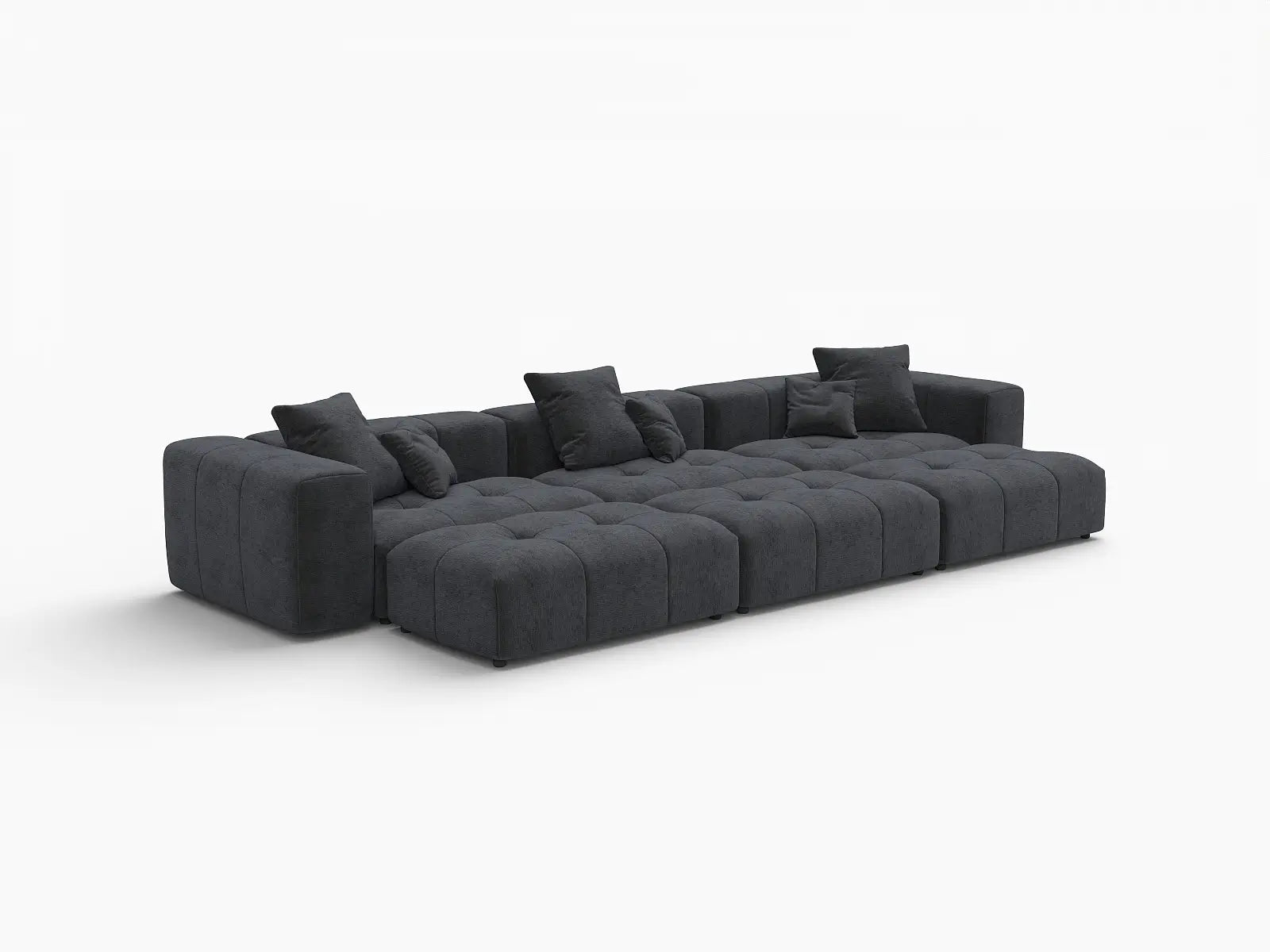 Seccional Matrix de 3 plazas, lino negro, tipo foso | 6 piezas (incluye 3 pufs), espacio grande