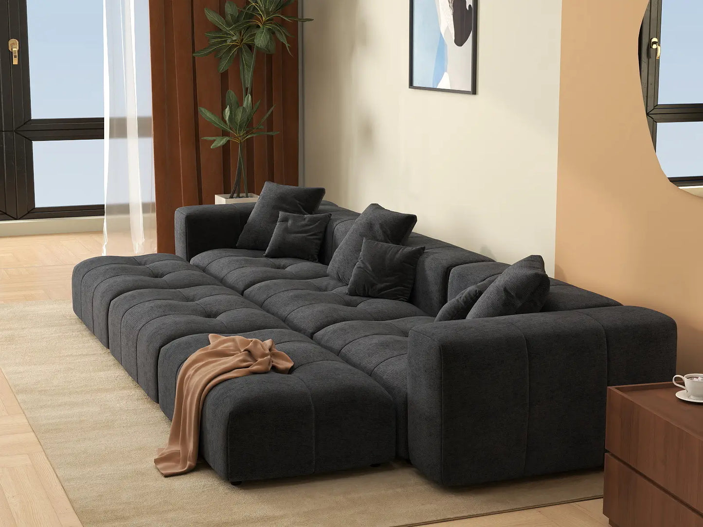 Seccional Matrix de 3 plazas, lino negro, tipo foso | 6 piezas (incluye 3 pufs), espacio grande