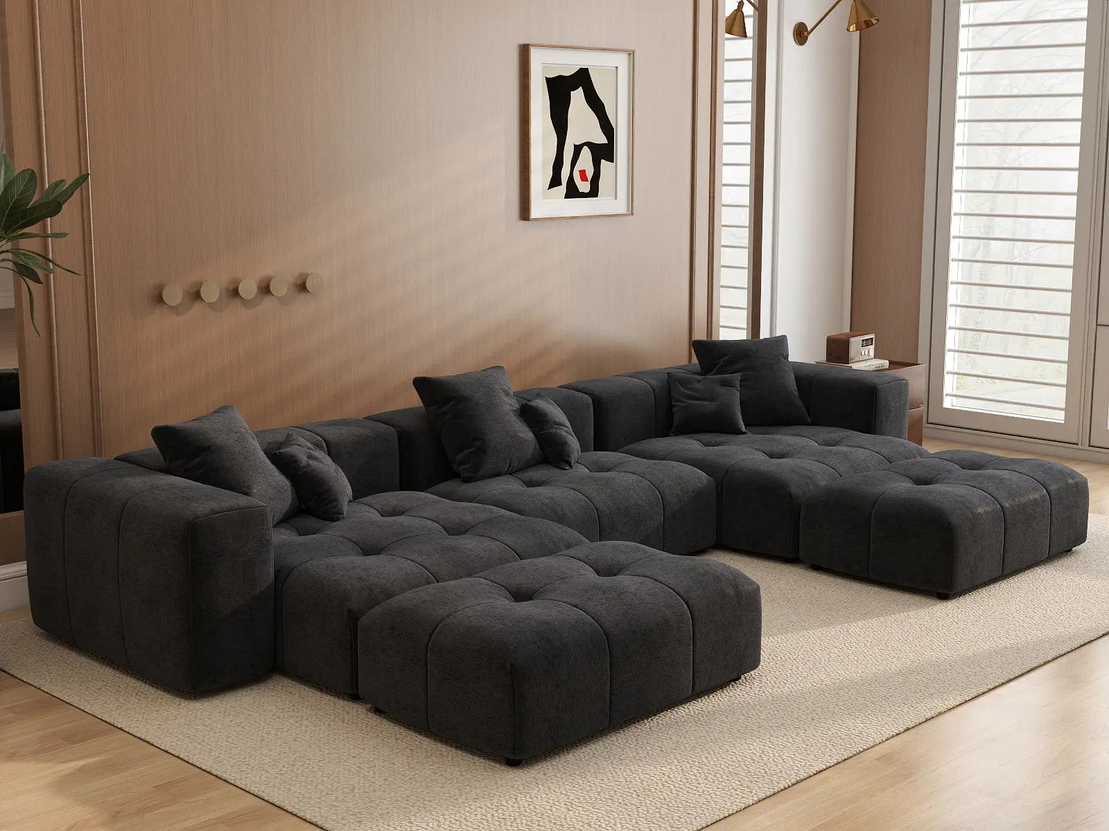 Matrix 3-Seater Black Linen U-Shaped Sectional | 5-Piece (Includes 2 Ottomans), Stylish Design