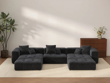 Matrix 3-Seater Black Linen U-Shaped Sectional | 5-Piece (Includes 2 Ottomans), Stylish Design