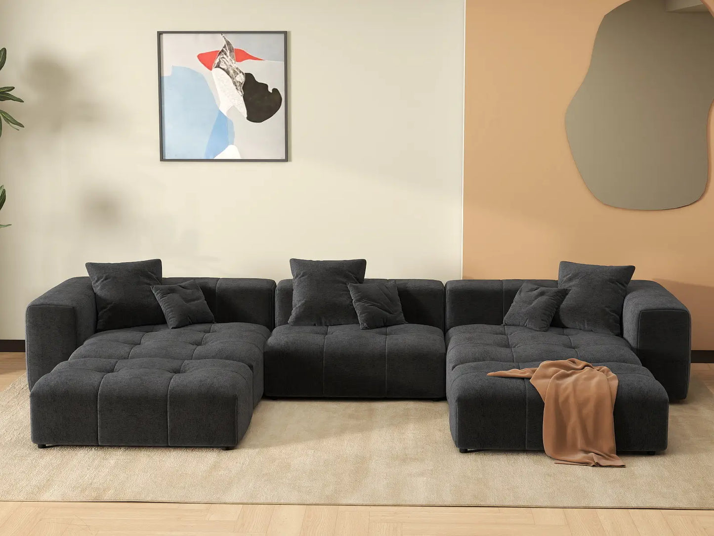 Matrix 3-Seater Black Linen U-Shaped Sectional | 5-Piece (Includes 2 Ottomans), Stylish Design
