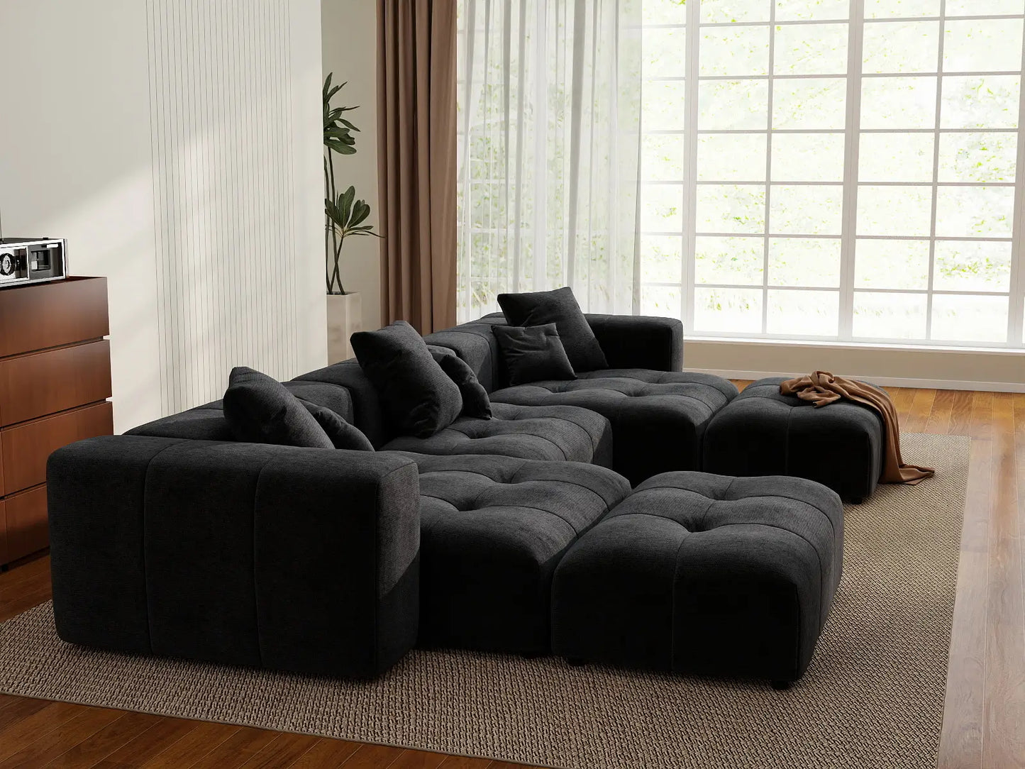 Matrix 3-Seater Black Linen U-Shaped Sectional | 5-Piece (Includes 2 Ottomans), Stylish Design
