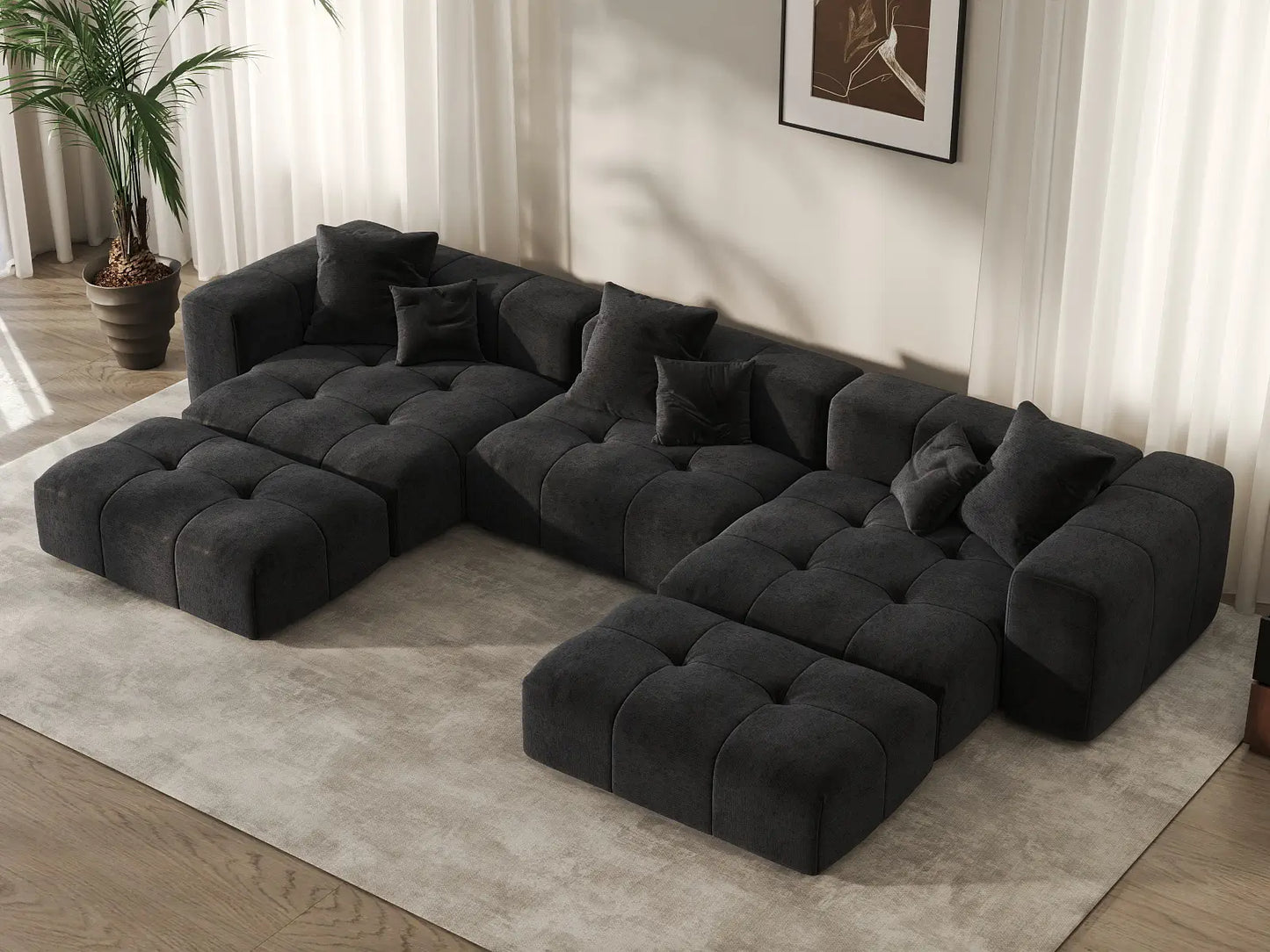 Matrix 3-Seater Black Linen U-Shaped Sectional | 5-Piece (Includes 2 Ottomans), Stylish Design