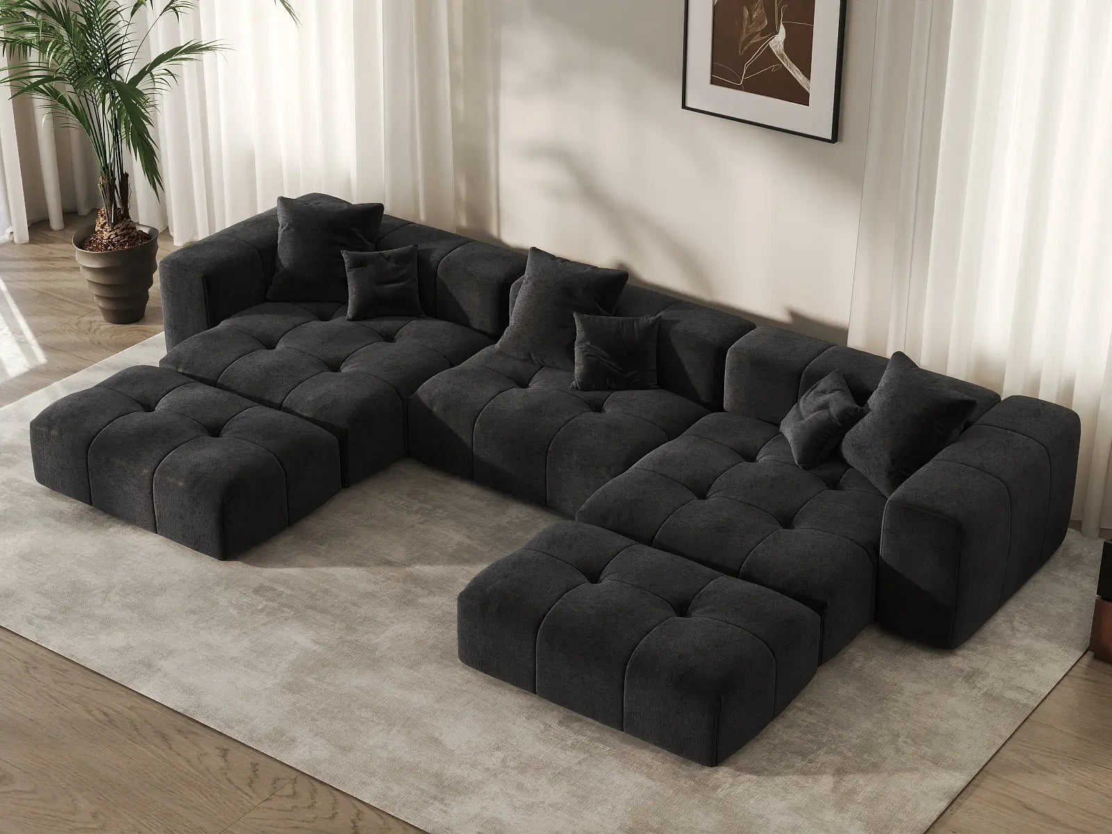 Matrix 3-Seater Black Linen U-Shaped Sectional | 5-Piece (Includes 2 Ottomans), Stylish Design
