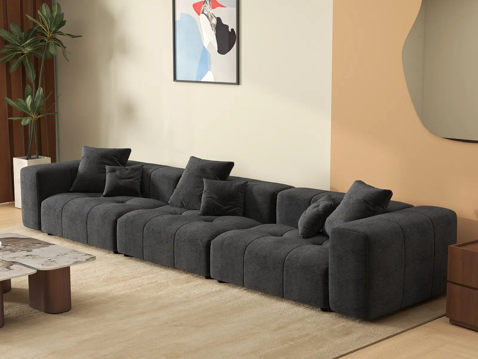 Matrix 3-Seater Black Small Space Couch Sectional | 3-Piece, Linen Fabric