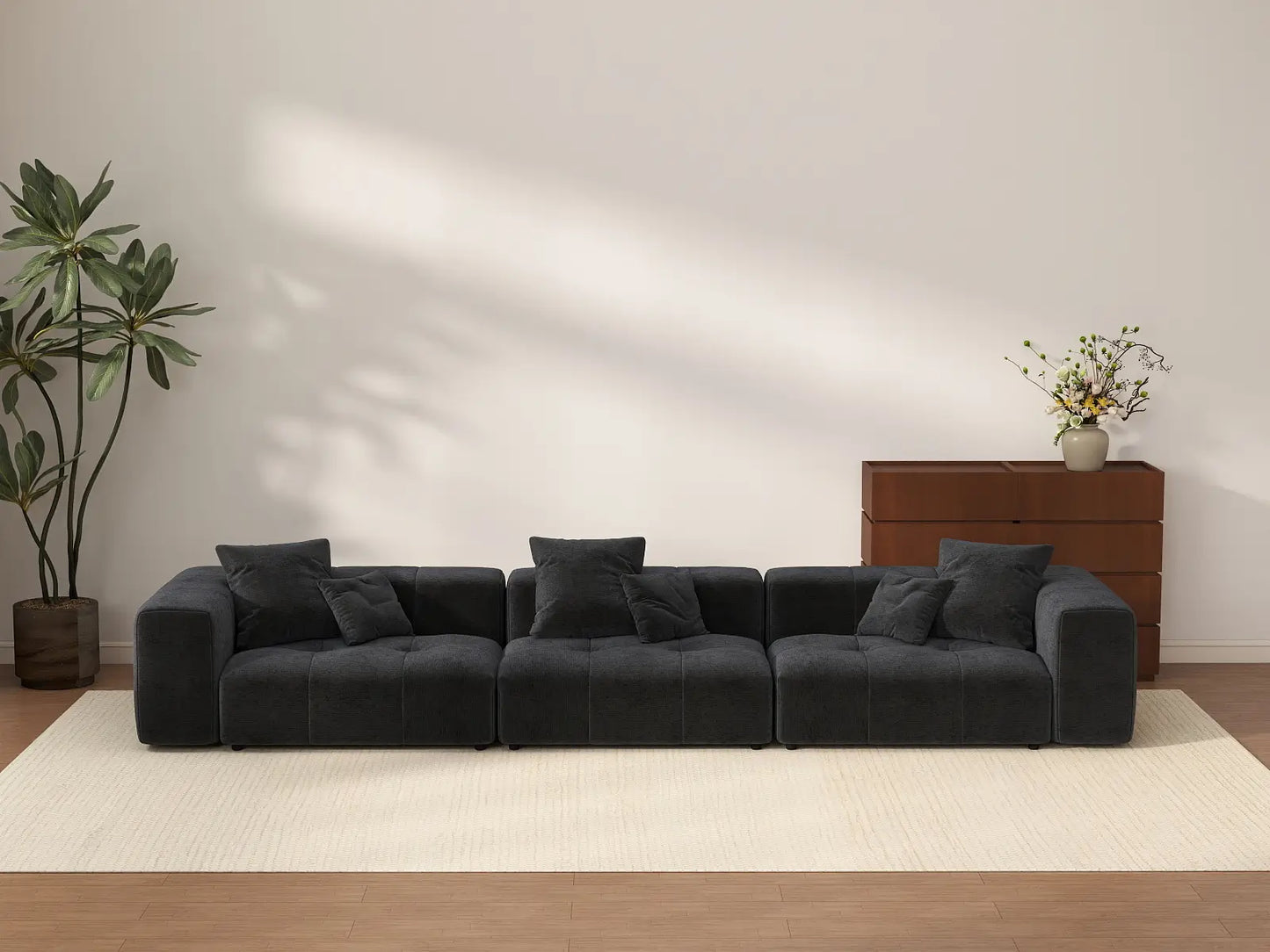 Matrix 3-Seater Black Small Space Couch Sectional | 3-Piece, Linen Fabric