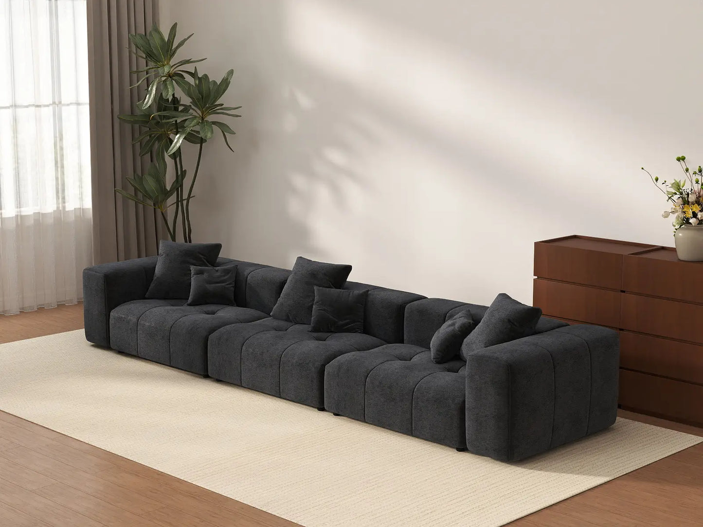 Matrix 3-Seater Black Small Space Couch Sectional | 3-Piece, Linen Fabric