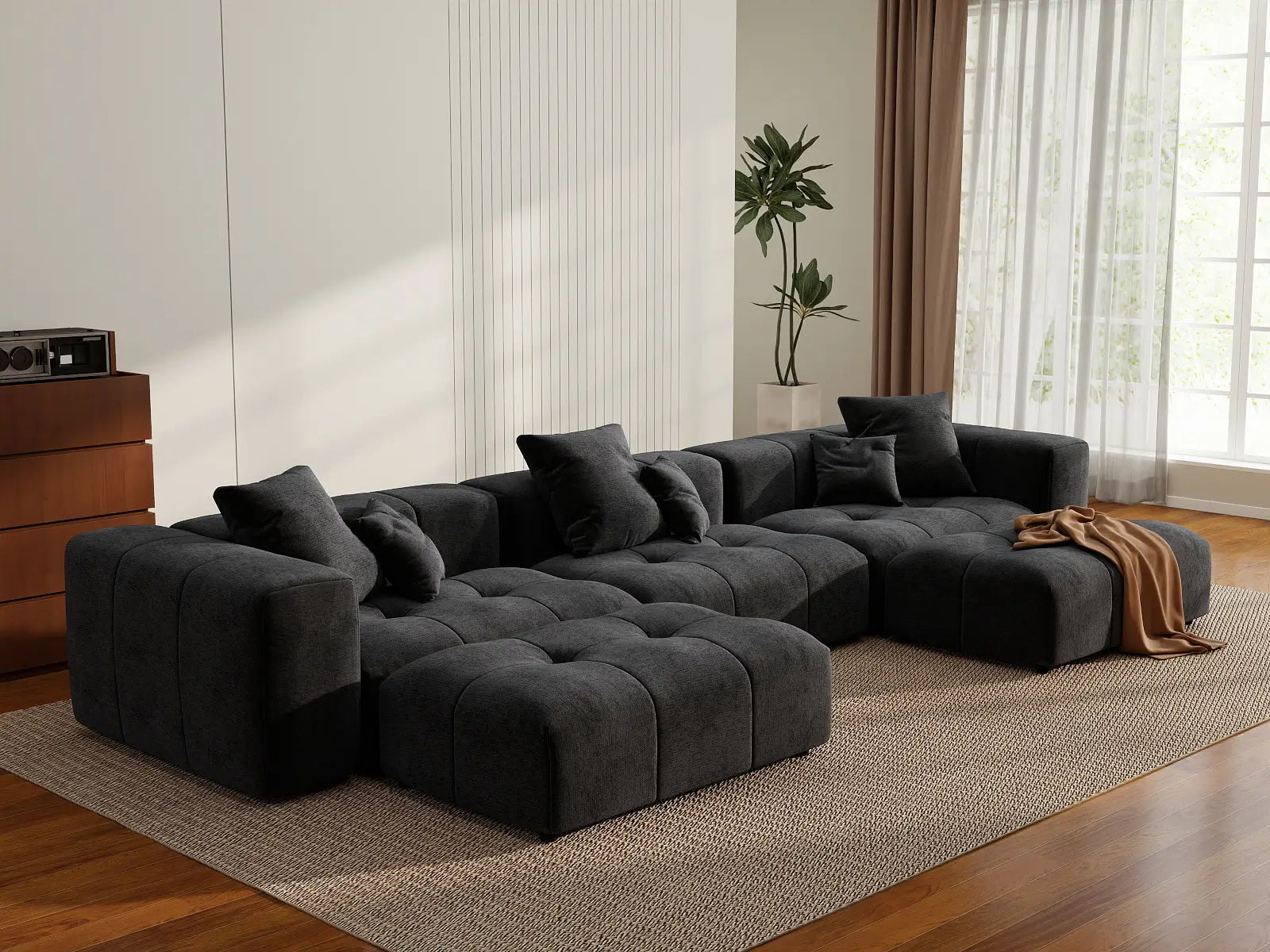 Matrix 3-Seater Black U-Shaped Sectional | 5-Piece (Includes 2 Ottomans), Linen Fabric, Family Room Seating