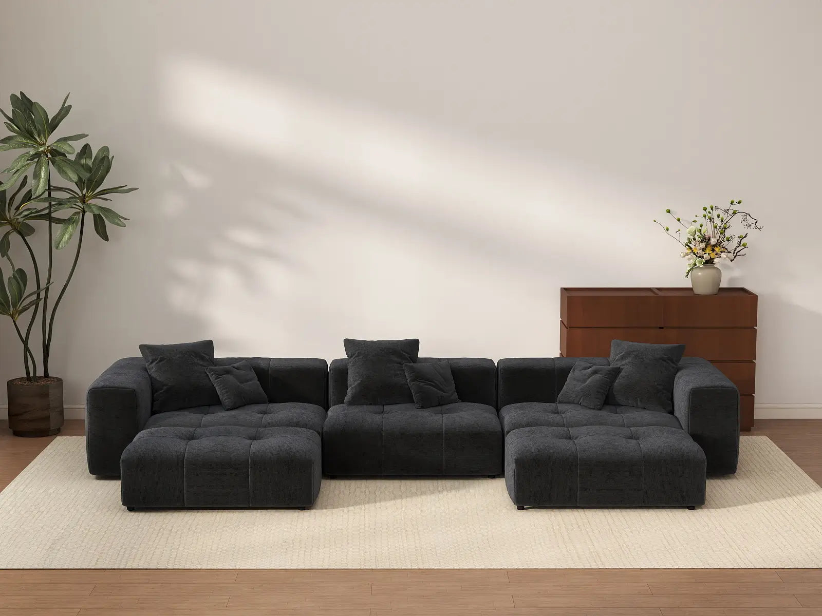 Matrix 3-Seater Black U-Shaped Sectional | 5-Piece (Includes 2 Ottomans), Linen Fabric, Family Room Seating