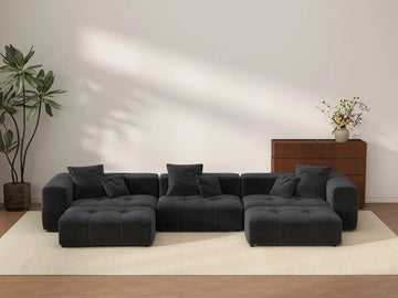 Matrix 3-Seater Black U-Shaped Sectional | 5-Piece (Includes 2 Ottomans), Linen Fabric, Family Room Seating