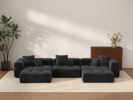 Matrix 3-Seater Black U-Shaped Sectional | 5-Piece (Includes 2 Ottomans), Linen Fabric, Family Room Seating