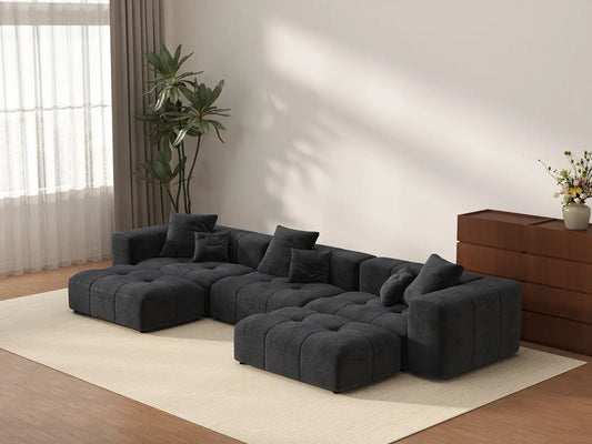 Matrix 3-Seater Black U-Shaped Sectional | 5-Piece (Includes 2 Ottomans), Linen Fabric, Family Room Seating