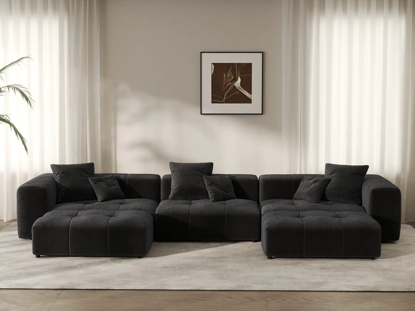 Matrix 3-Seater Black U-Shaped Sectional | 5-Piece (Includes 2 Ottomans), Linen Fabric, Family Room Seating