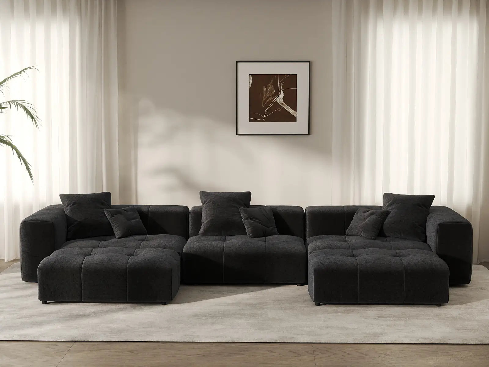Matrix 3-Seater Black U-Shaped Sectional | 5-Piece (Includes 2 Ottomans), Linen Fabric, Family Room Seating