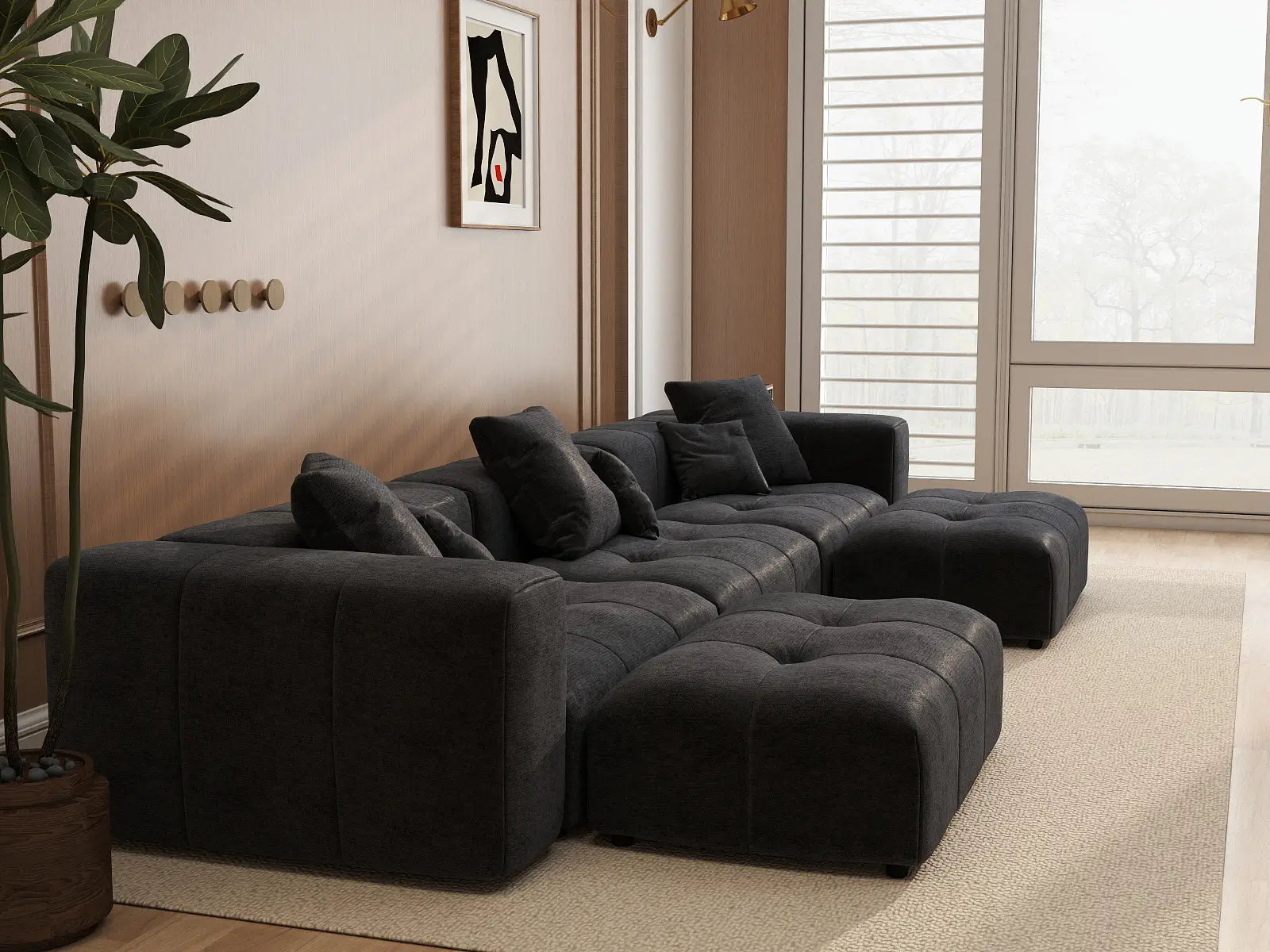Matrix 3-Seater Black U-Shaped Sectional | 5-Piece (Includes 2 Ottomans), Linen Fabric, Family Room Seating