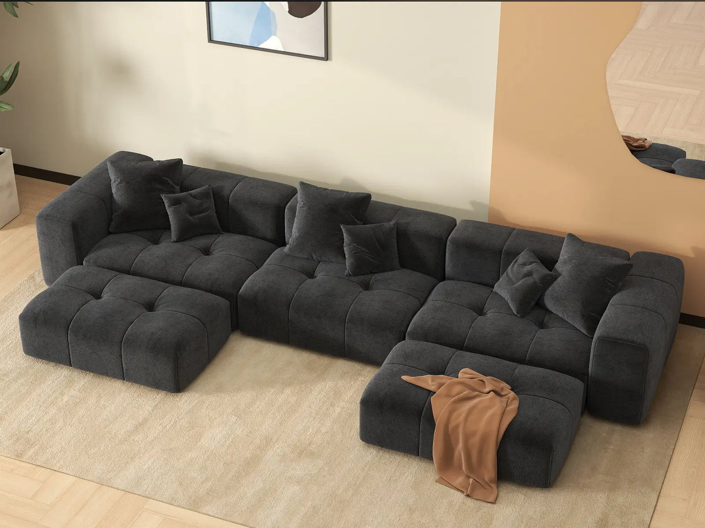 Matrix 3-Seater Black U-Shaped Sectional | 5-Piece (Includes 2 Ottomans), Linen Fabric, Family Room Seating