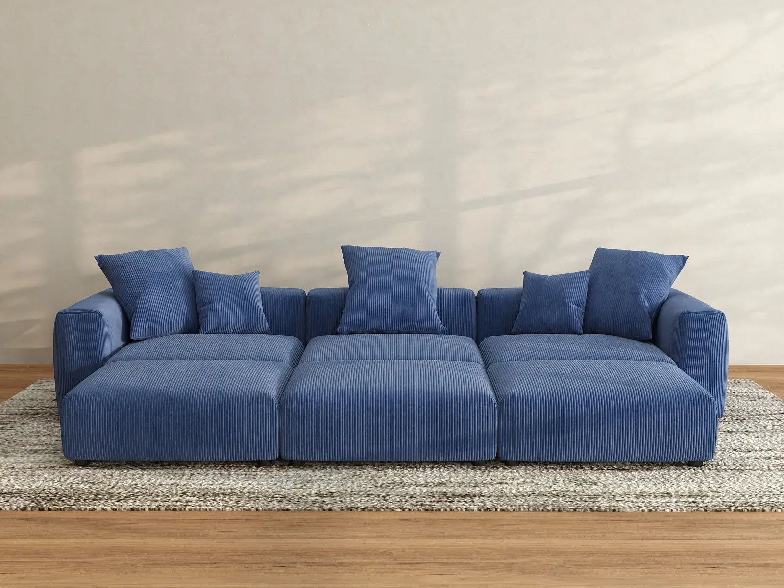 Seccional en L Matrix de 3 plazas, color azul | 6 piezas (incluye 3 pufs), tela de pana, asientos para sala de estar, fundas de cojín lavables