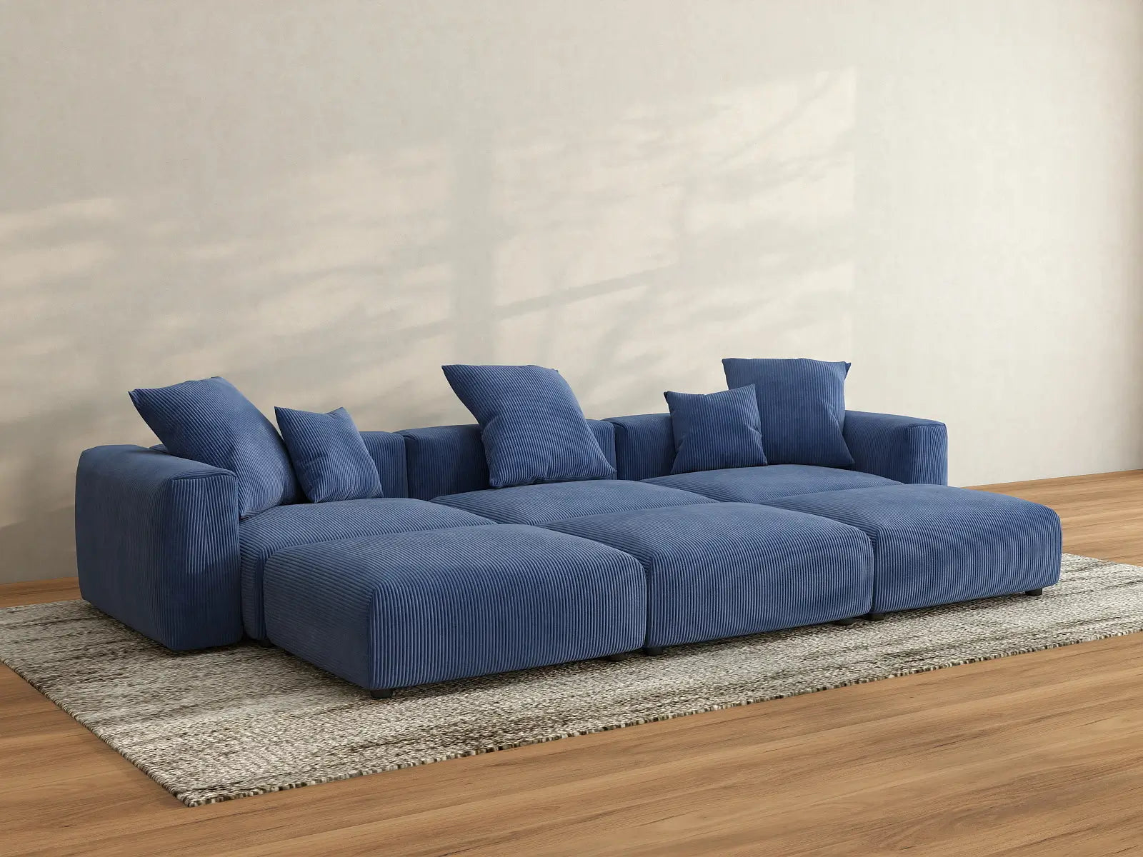Seccional en L Matrix de 3 plazas, color azul | 6 piezas (incluye 3 pufs), tela de pana, asientos para sala de estar, fundas de cojín lavables