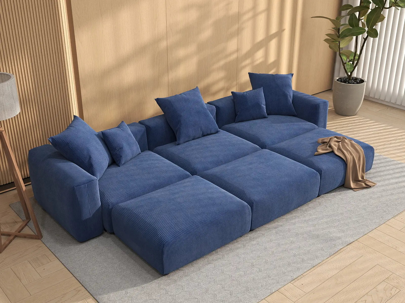 Seccional en L Matrix de 3 plazas, color azul | 6 piezas (incluye 3 pufs), tela de pana, asientos para sala de estar, fundas de cojín lavables