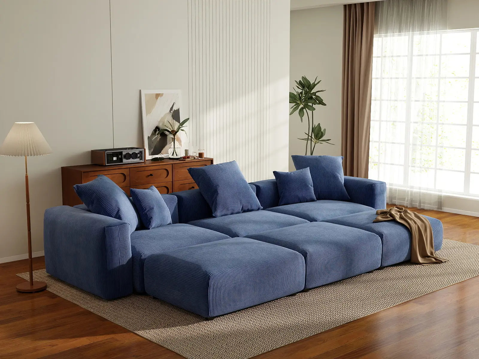 Seccional en L Matrix de 3 plazas, color azul | 6 piezas (incluye 3 pufs), tela de pana, asientos para sala de estar, fundas de cojín lavables