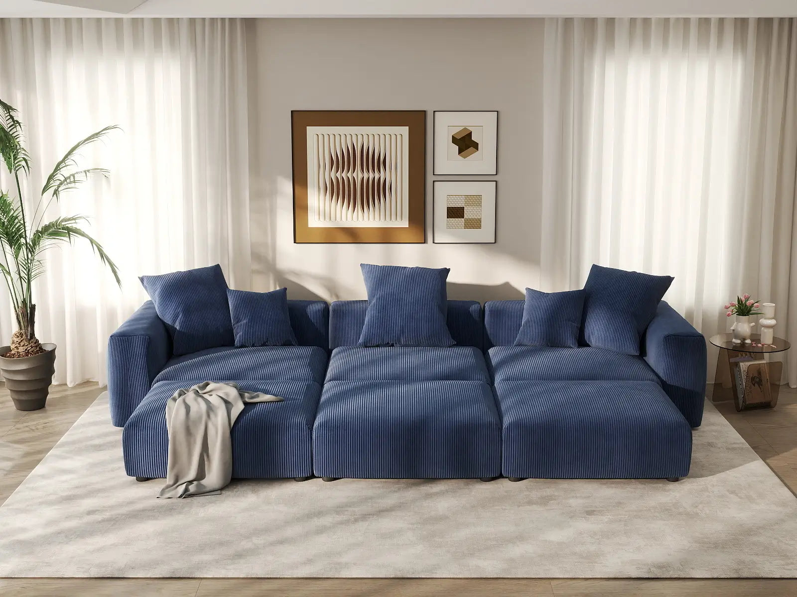 Seccional en L Matrix de 3 plazas, color azul | 6 piezas (incluye 3 pufs), tela de pana, asientos para sala de estar, fundas de cojín lavables