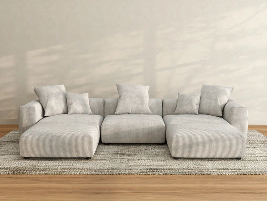 Matrix 3-Seater Grey U-Shaped Sectional | 5-Piece (Includes 2 Ottomans), Corduroy Fabric, Family Room Seating, Washable Cushion Covers
