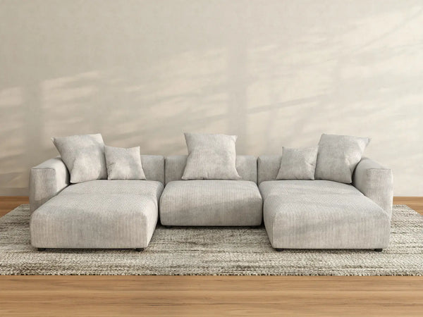 Matrix 3-Seater Grey U-Shaped Sectional | 5-Piece (Includes 2 Ottomans), Corduroy Fabric, Family Room Seating, Washable Cushion Covers