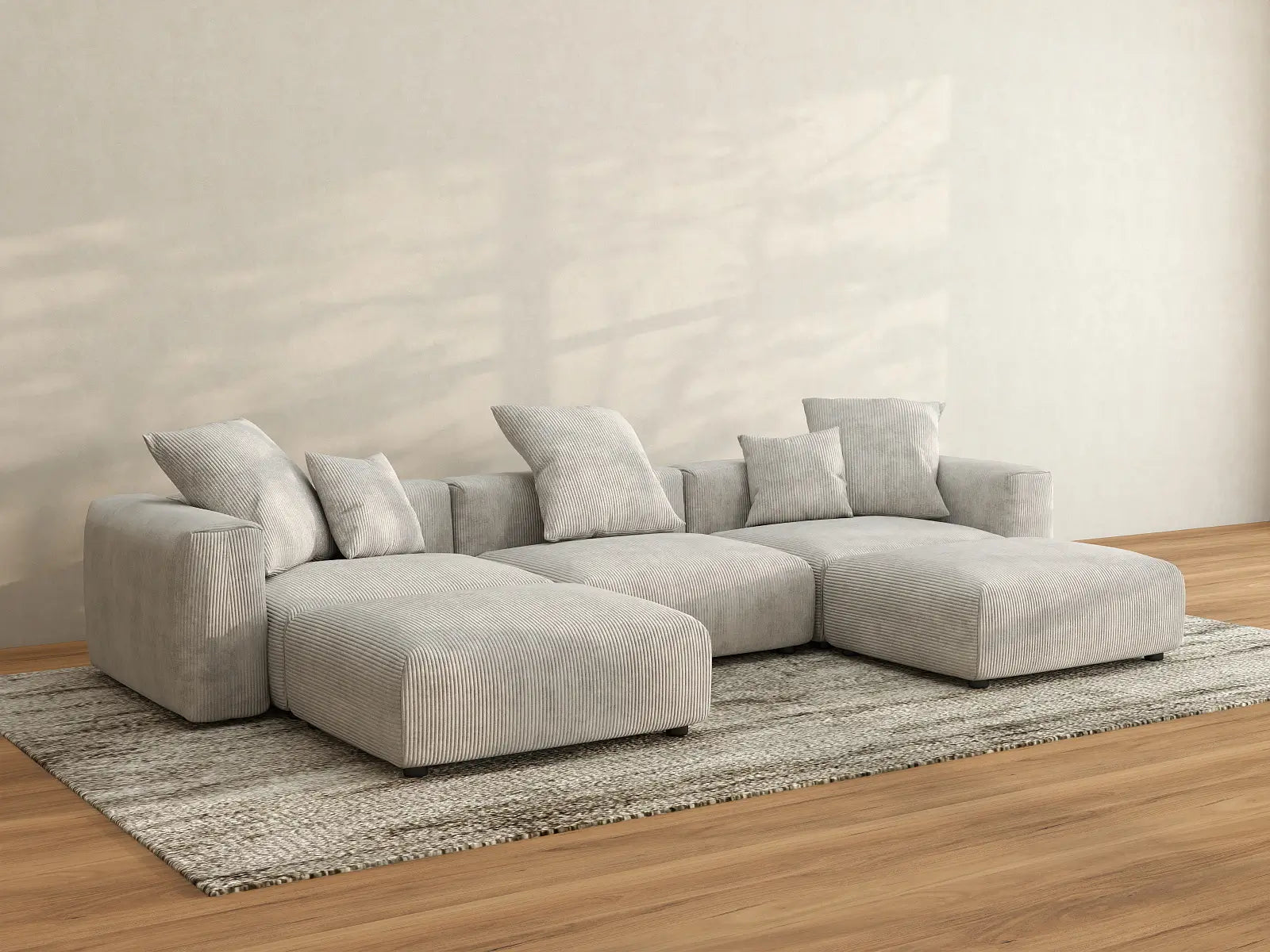 Seccional en forma de U de 3 plazas Matrix gris | 5 piezas (incluye 2 otomanas), tela de pana, asientos para sala familiar, fundas de cojín lavables