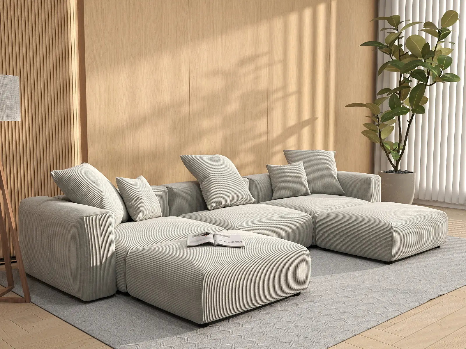 Seccional en forma de U de 3 plazas Matrix gris | 5 piezas (incluye 2 otomanas), tela de pana, asientos para sala familiar, fundas de cojín lavables