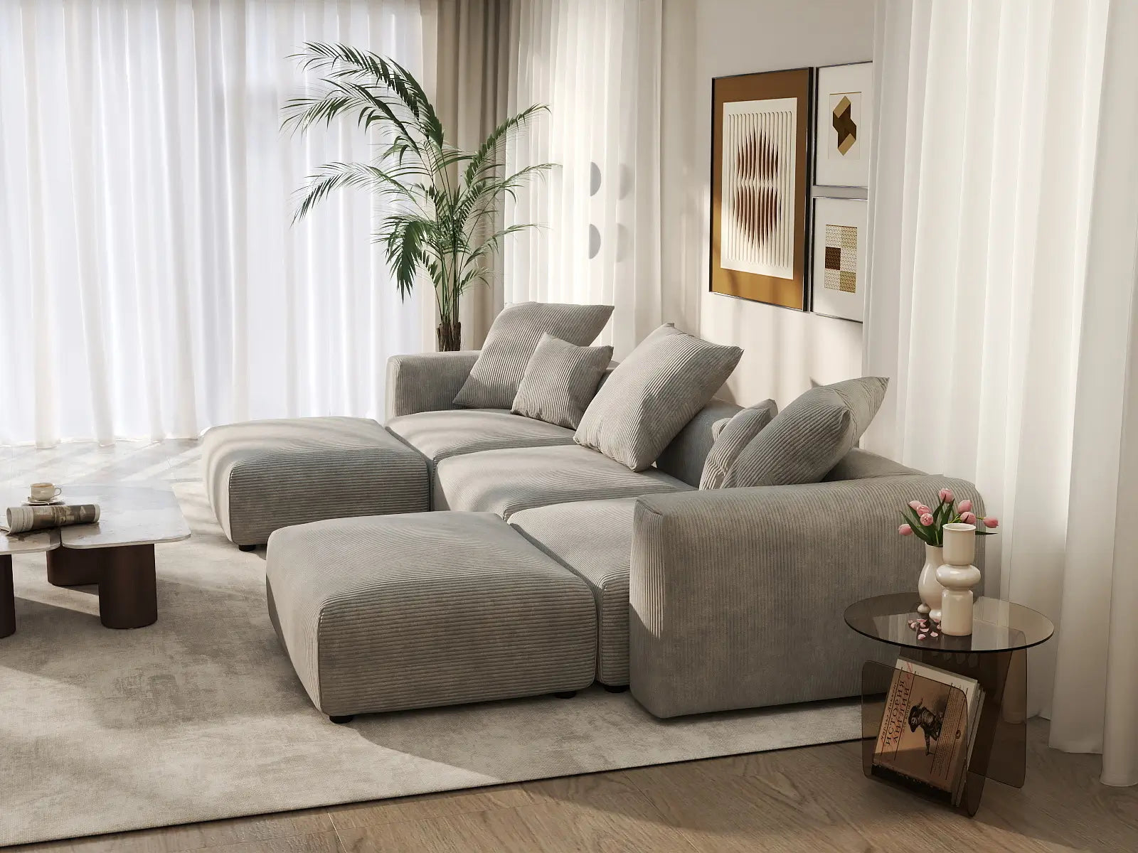 Seccional en forma de U de 3 plazas Matrix gris | 5 piezas (incluye 2 otomanas), tela de pana, asientos para sala familiar, fundas de cojín lavables