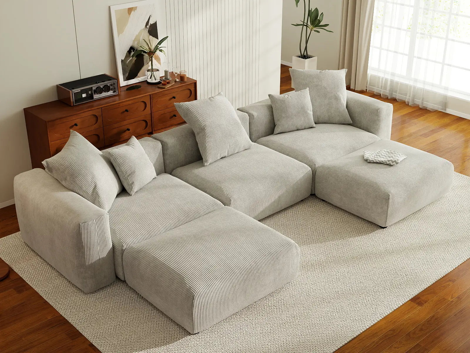 Seccional en forma de U de 3 plazas Matrix gris | 5 piezas (incluye 2 otomanas), tela de pana, asientos para sala familiar, fundas de cojín lavables