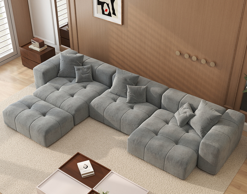 Matrix 3-Seater Light Grey Large Space L-Shaped Sectional | 4-Piece (Includes 1 Ottoman), Linen Fabric