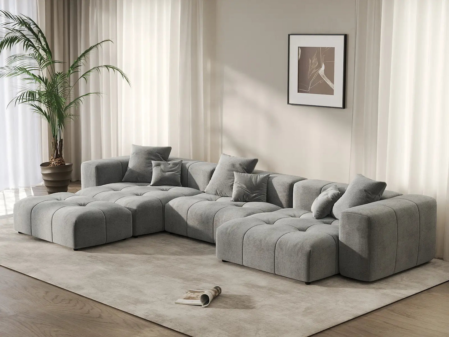 Matrix 3-Seater Light Grey Large Space L-Shaped Sectional | 4-Piece (Includes 1 Ottoman), Linen Fabric