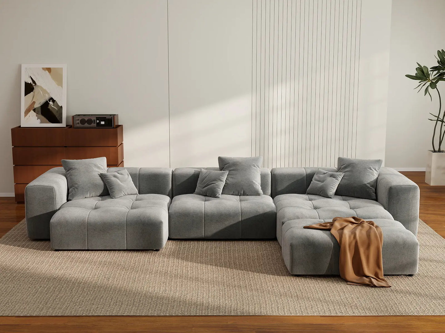 Matrix 3-Seater Light Grey Large Space L-Shaped Sectional | 4-Piece (Includes 1 Ottoman), Linen Fabric