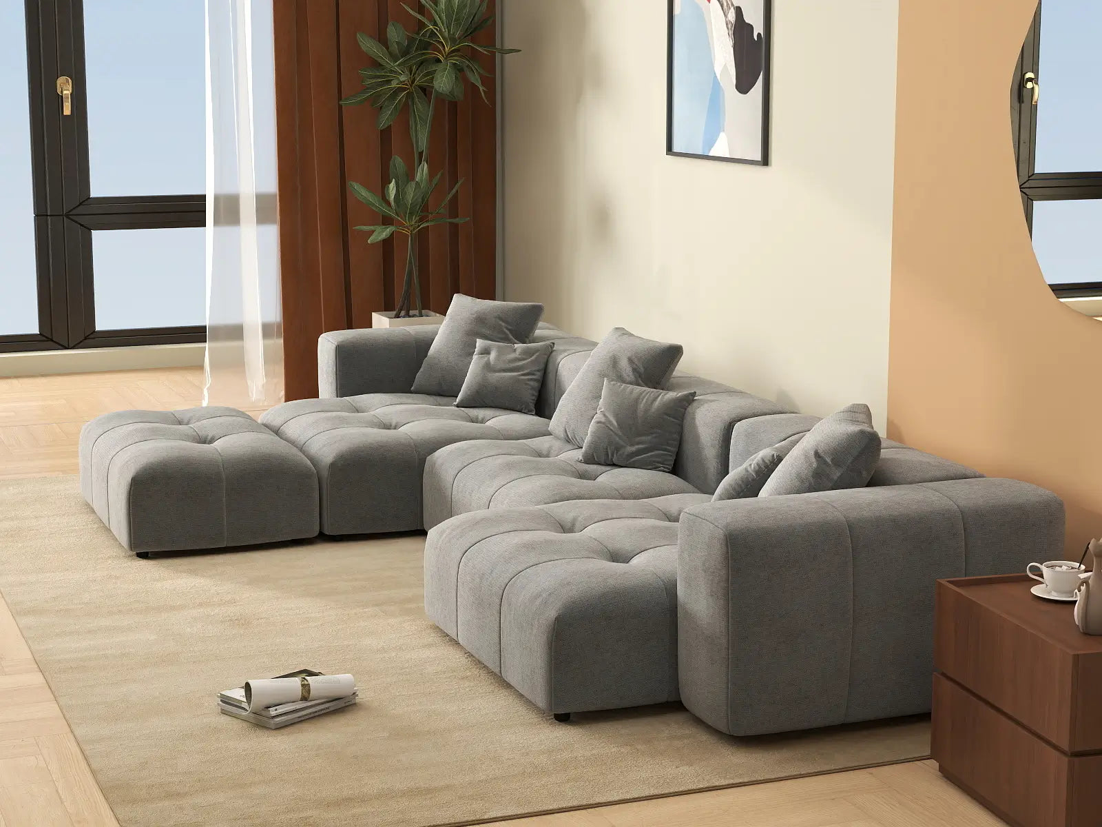 Matrix 3-Seater Light Grey Large Space L-Shaped Sectional | 4-Piece (Includes 1 Ottoman), Linen Fabric