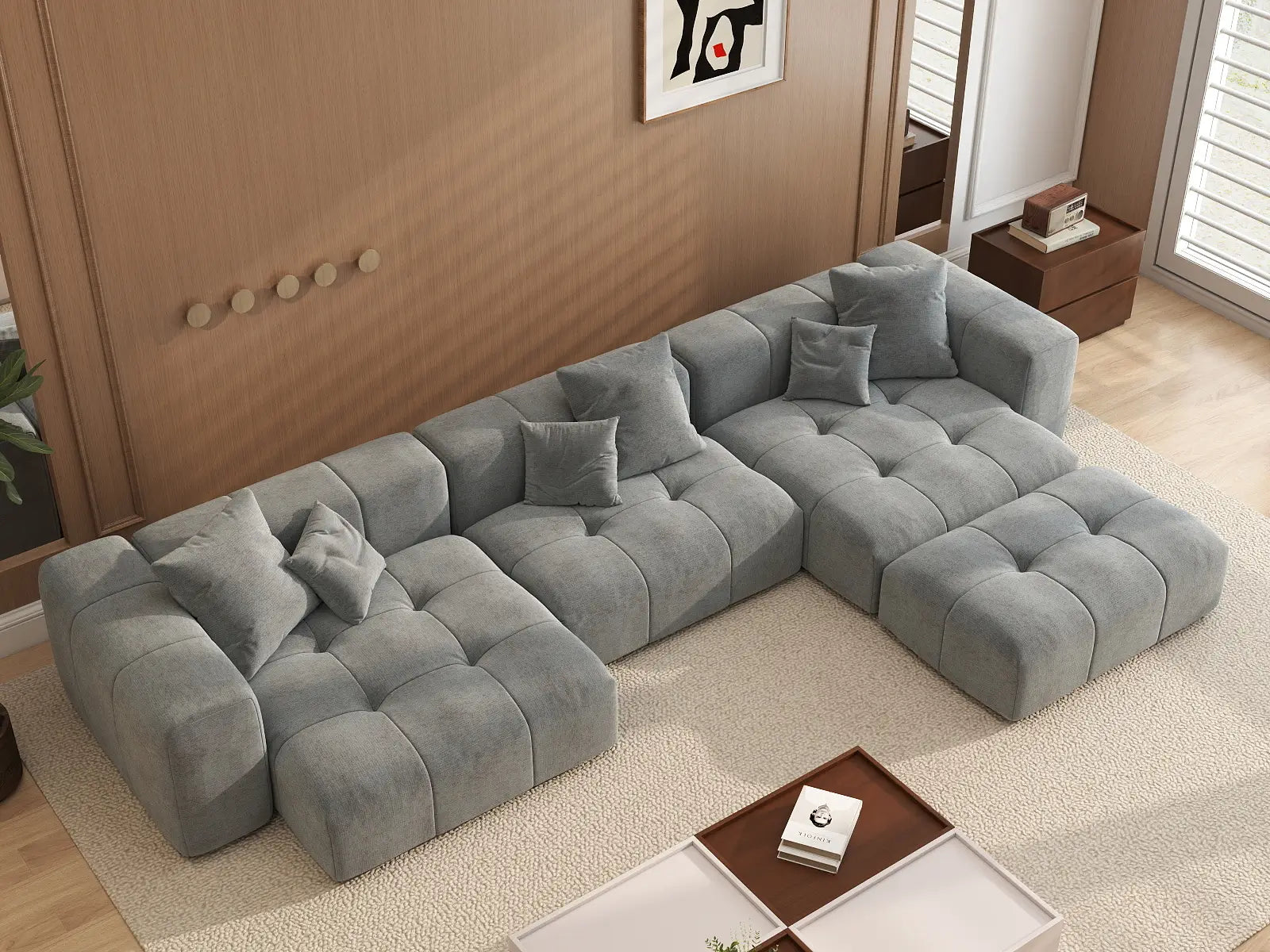 Matrix 3-Seater Light Grey Large Space L-Shaped Sectional | 4-Piece (Includes 1 Ottoman), Linen Fabric