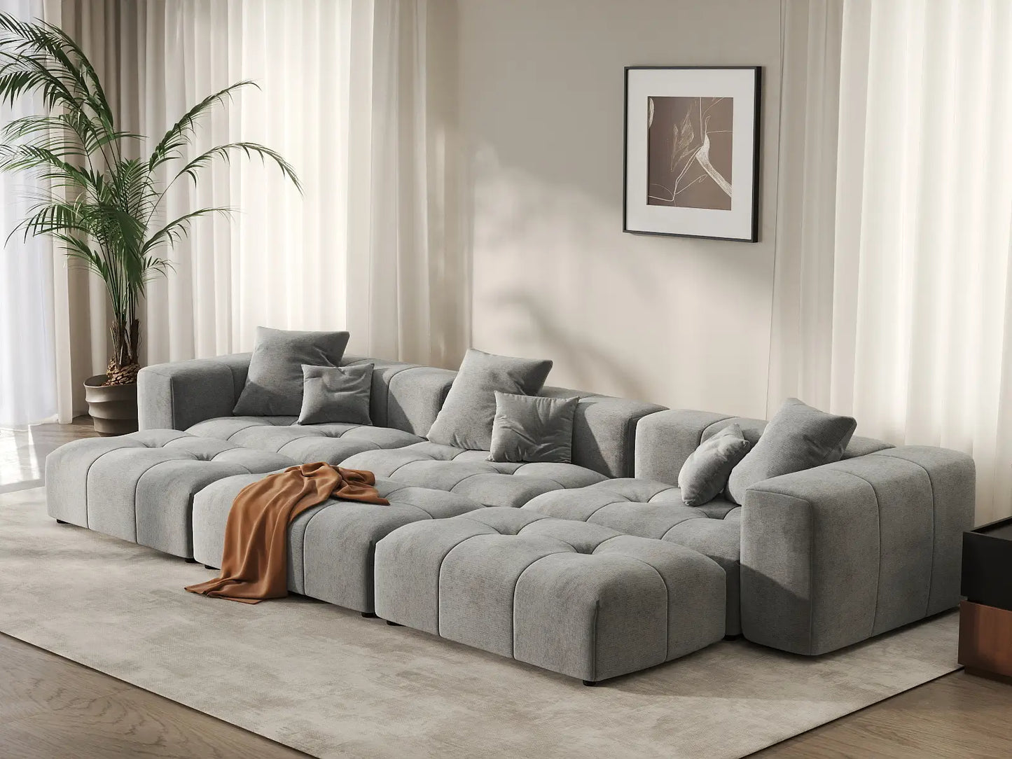 Matrix 3-Seater Light Grey Large Space Pit Sectional | 6-Piece (Includes 3 Ottomans), Linen Fabric